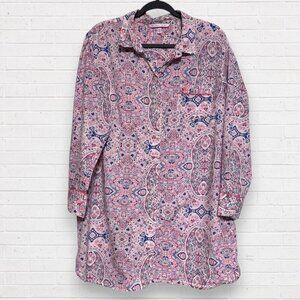 VICTORIA'S SECRET Pink Blue Paisley Button Up Night Shirt Sleep Nightgown L